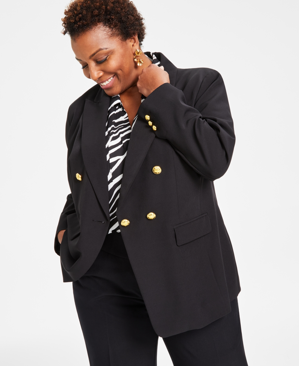 Plus Size Double Breasted One Button Blazer, Created for Macy's - Deep Black