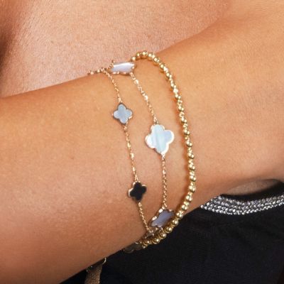 Mini Mother of Pearl and Onyx Mixed Clover Bracelet 14K Gold