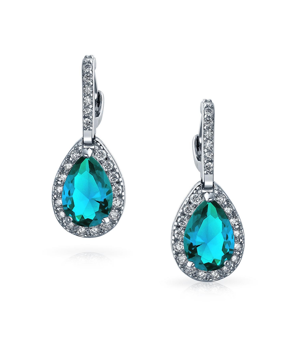 Bling Jewelry 7CT Style HaloCubic Zirconia Cz Formal Huggie Snap Hinge Dangle Drop Teardrop Earrings smaid Rhodium Plated - Aqua