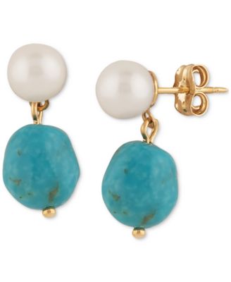 Freshwater pearl and turquoise gold dangle good earrings