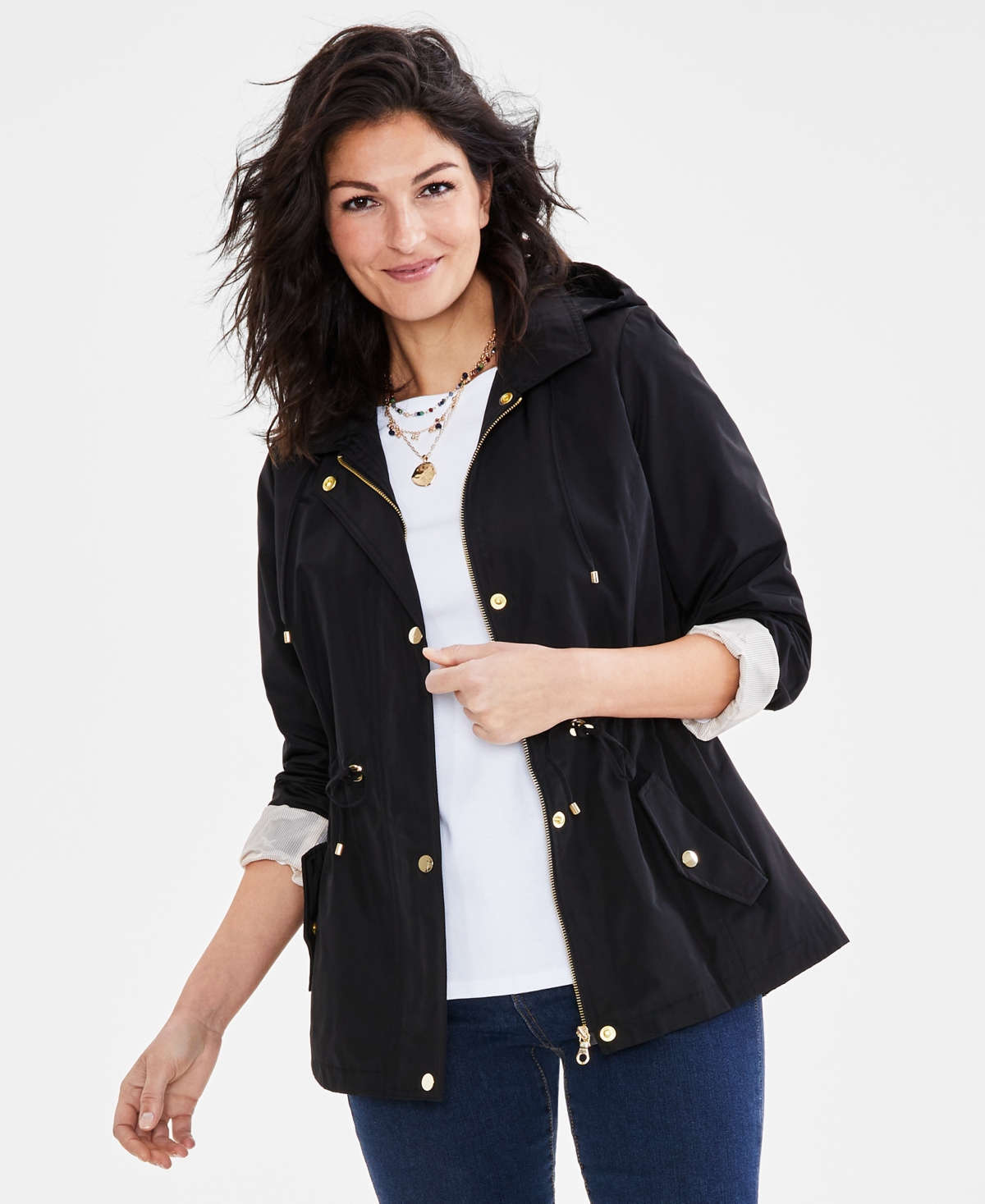 Style & Co Women's Hooded Anorak, Pp-4x, Created For Macy's In Deep Black