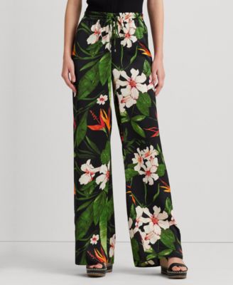 로렌 랄프로렌 Lauren Ralph Lauren Womens Floral Satin Charmeuse Wide-Leg Pants,Black/Green/Multi