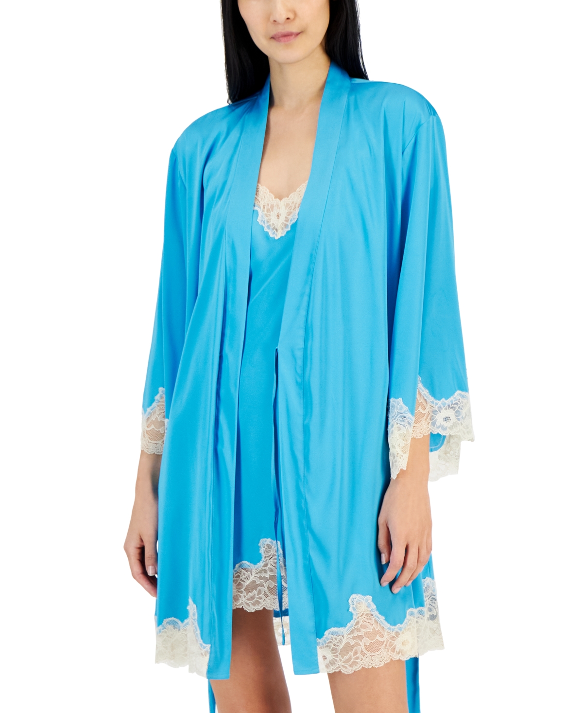 Shop Inc International Concepts Women's Lace-trim Stretch Satin Robe, Created For Macy's In Green Sheen