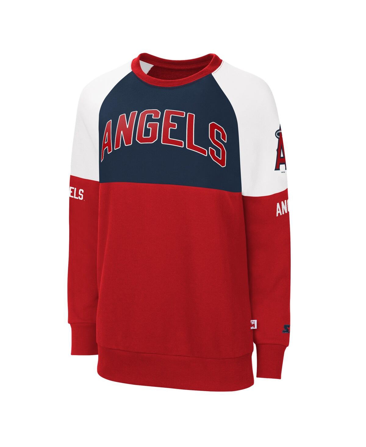 Women's Starter Red, Navy Los Angeles Angels Baseline Raglan Pullover Sweatshirt - Red, Navy