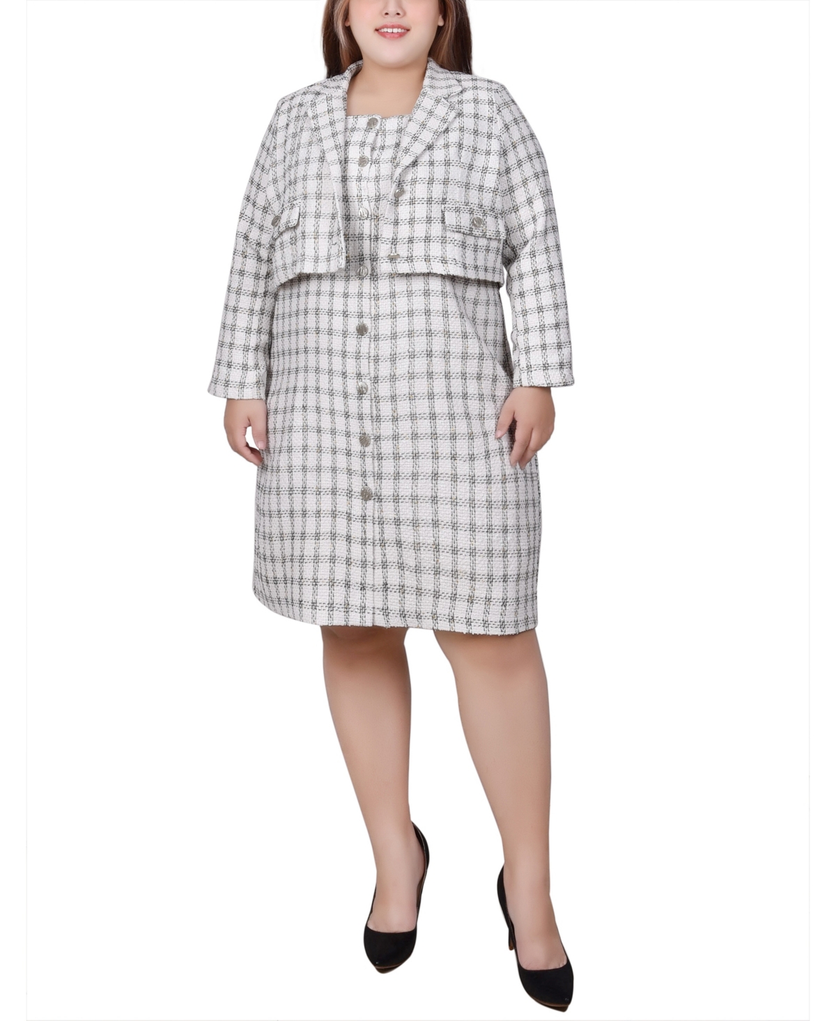 Ny Collection Plus Size Long Sleeve Jacket And Tweed Dress, 2 Piece Set In Ivory Black Gold