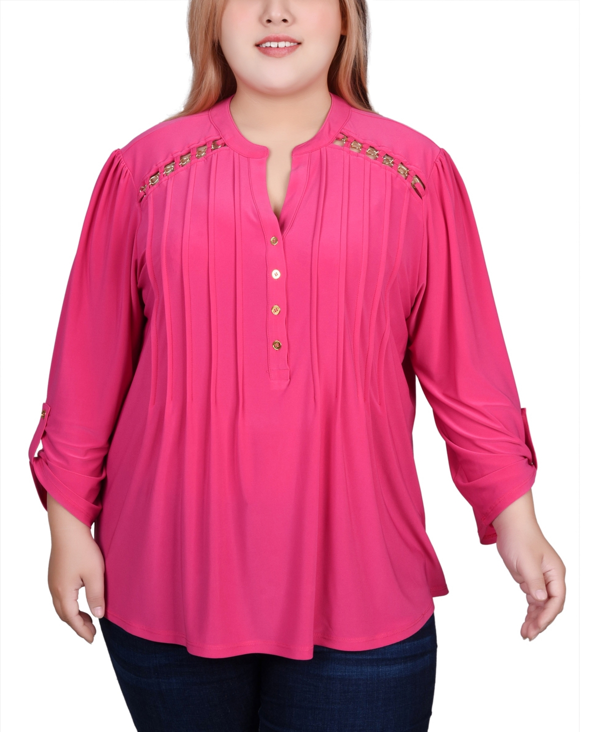 Ny Collection Plus Size Long Sleeve Pintuck Front Top With Chain Details In Beetroot Purple