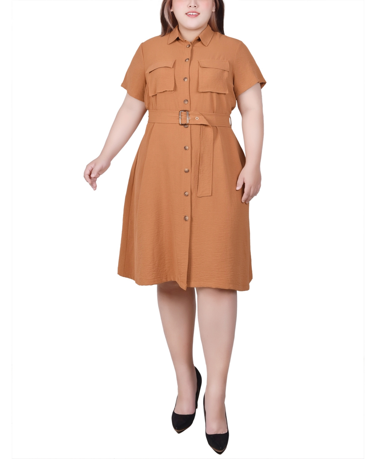 Ny Collection Plus Size Short Sleeve Belted Shirt Dress In Meerkat