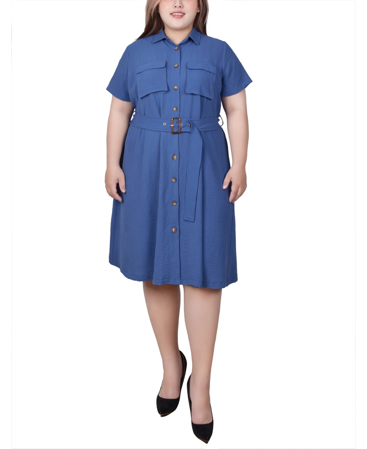 Ny Collection Plus Size Short Sleeve Belted Shirt Dress In Blue