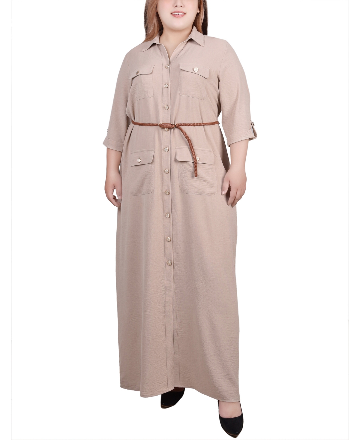 Plus Size 3/4 Sleeve Safari Style Belted Shirt Dress - Oxford Tan