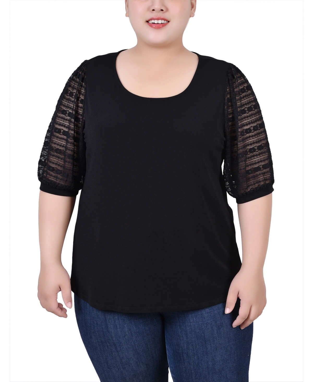 Ny Collection Plus Size Short Burnout Sleeve Scoop Neck Top In Black
