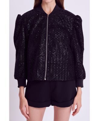Sequin Velvet Base Bomber Zip-Up Jacket