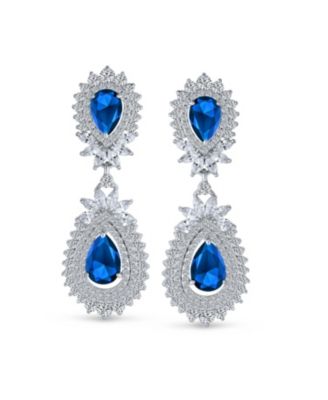 Fashion Art Deco Style Teardrop Shaped Halo Cubic Zirconia Clear Royal Blue Statement Elegant Chandelier Clip On Earrings Prom