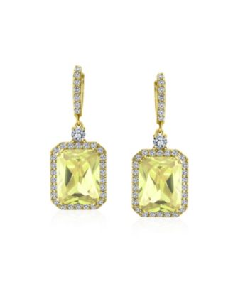 Yellow Cubic Zirconia Halo CZ Emerald Cut Dangle Chandelier Earrings Gold Silver