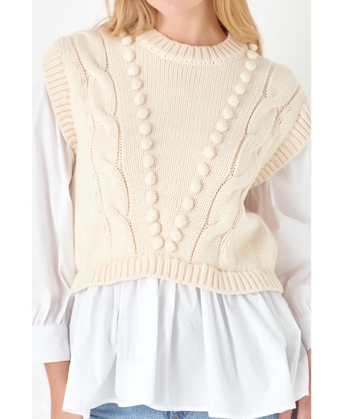 English Factory Women's Mixed Media Cable Sweater -white