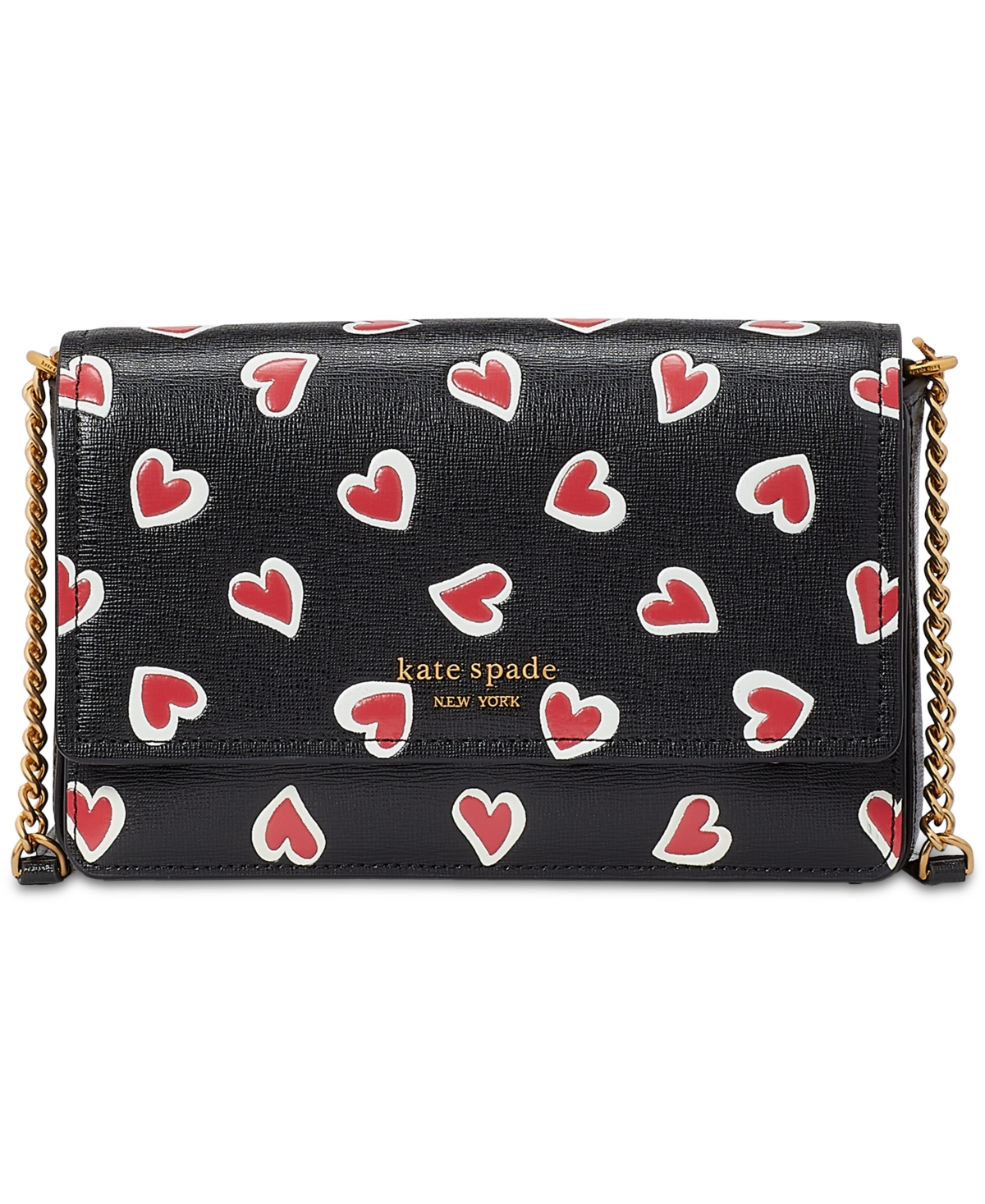 KATE SPADE MORGAN STENCIL HEARTS EMBOSSED PRINTED SAFFIANO LEATHER FLAP CHAIN WALLET