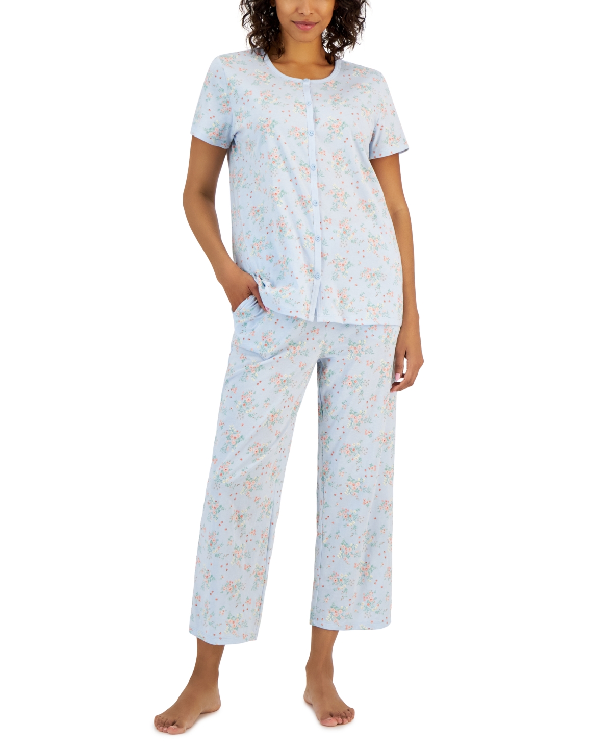 Charter Club Women's 2-pc. Cotton Printed Cropped Pajamas Set, Created For Macy's In Scattered Bouquet