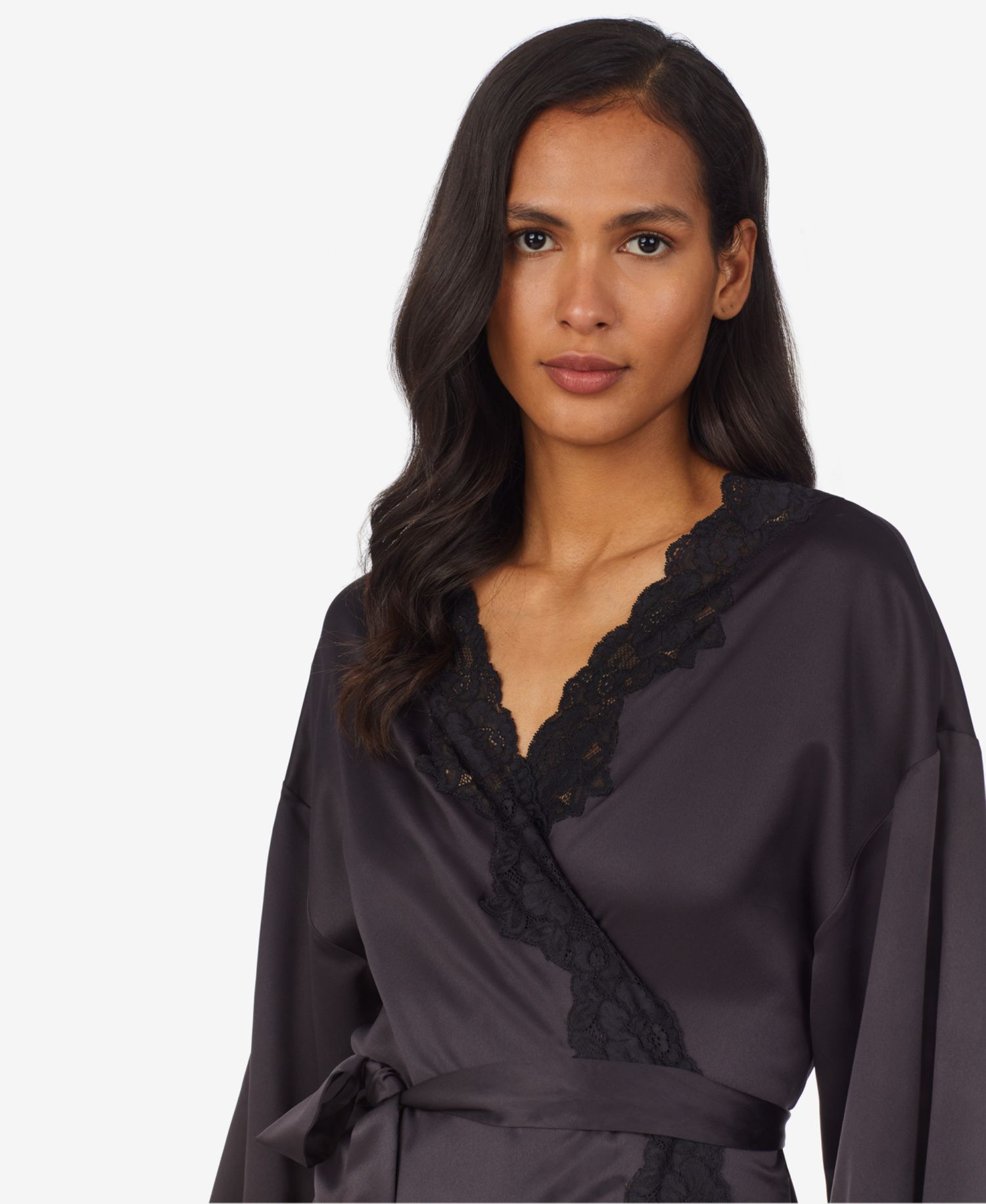 Lauren Ralph Satin Lauren Lace-Trim Wrap Robe Lingerie
