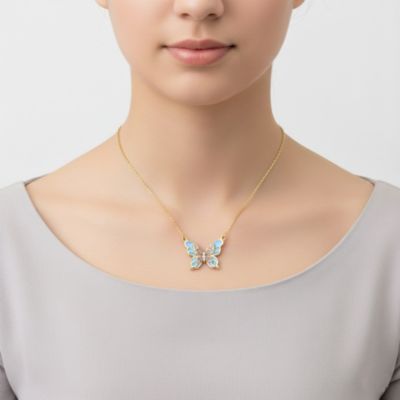 Teens 14k Gold Plated with Shades of Purple Cubic Zirconia Blue Enamel Butterfly Pendant Necklace