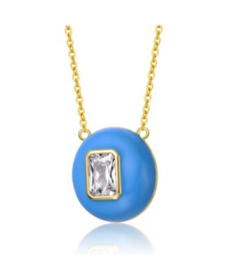 Kids 14k Gold Plated with Cubic Zirconia Radiant Solitaire Blue Enamel Small Round Pendant Necklace
