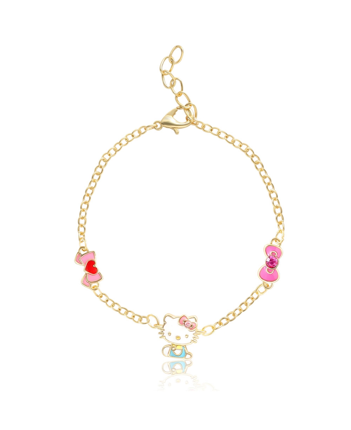 Sanrio Hello Kitty and Friends Womens 18kt Gold Plated Bracelet with Bow Charm Pendants - 6.5 + 1", Officially Licensed - Gold tone, pink