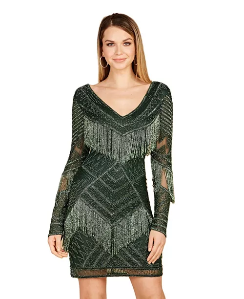 women's long sleeve beaded v-neck fringe cocktail mini dress