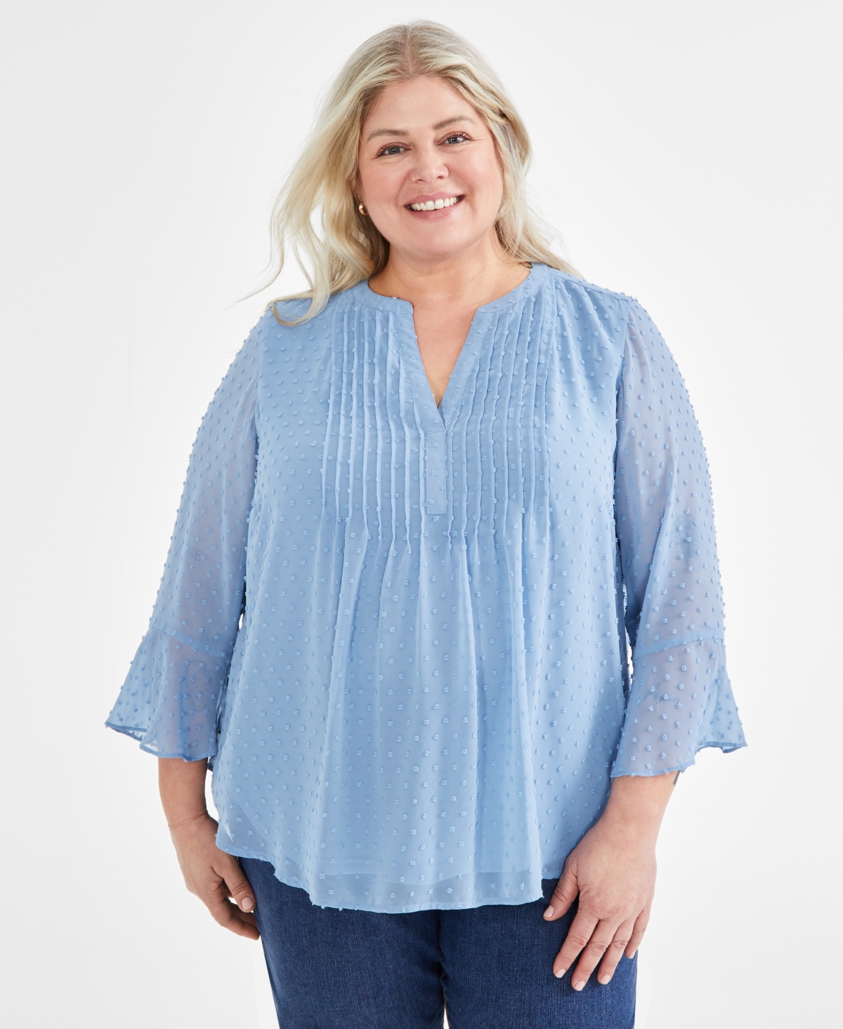 Plus Size Pintuck Blouse, Created for Macy's - Blue Fog