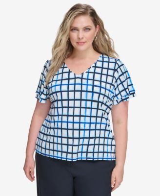 Calvin Klein - Plus Size Check Flutter-Sleeve Blouse