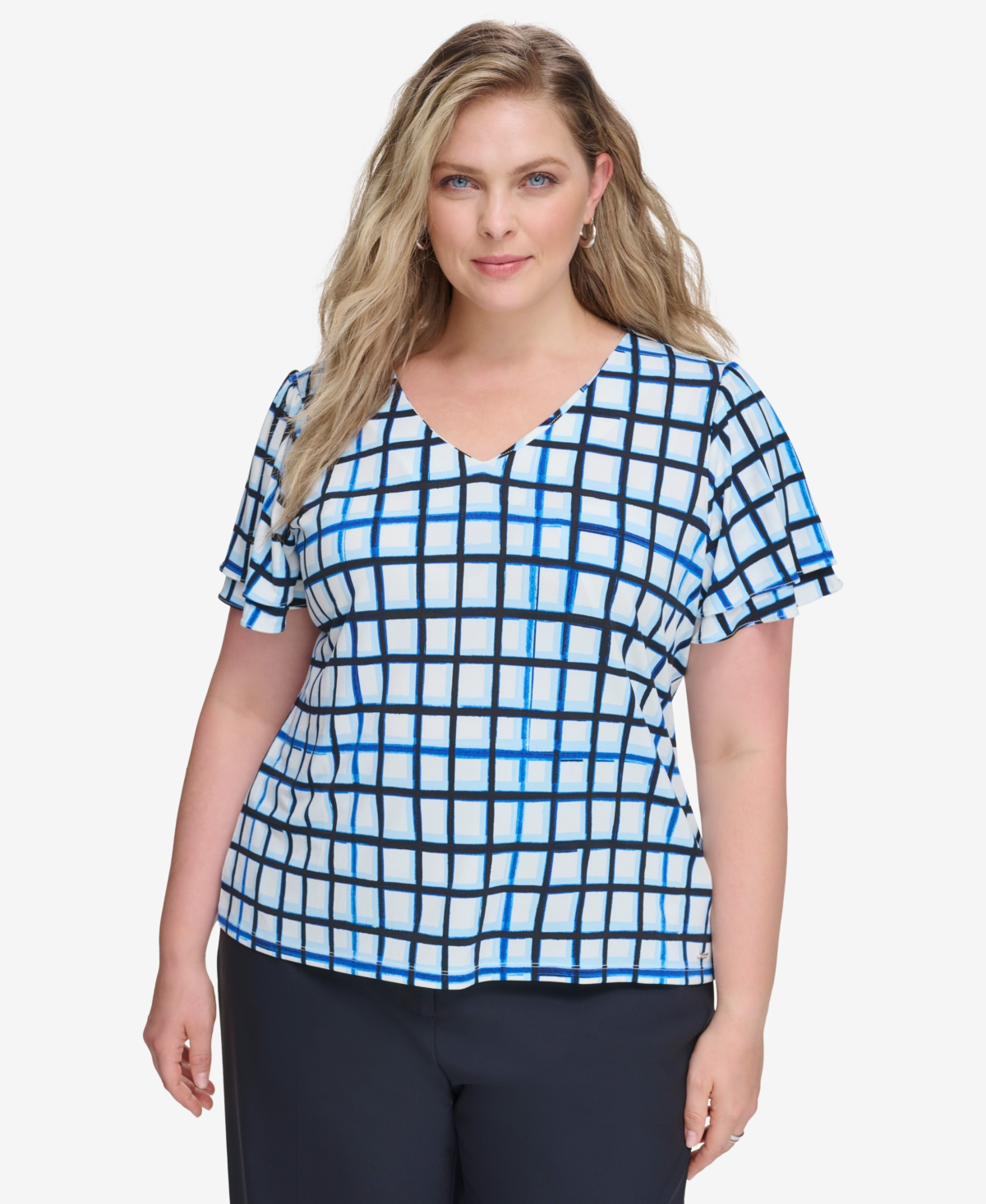 Calvin Klein Plus Size Check Flutter-sleeve Blouse In Cool Multi
