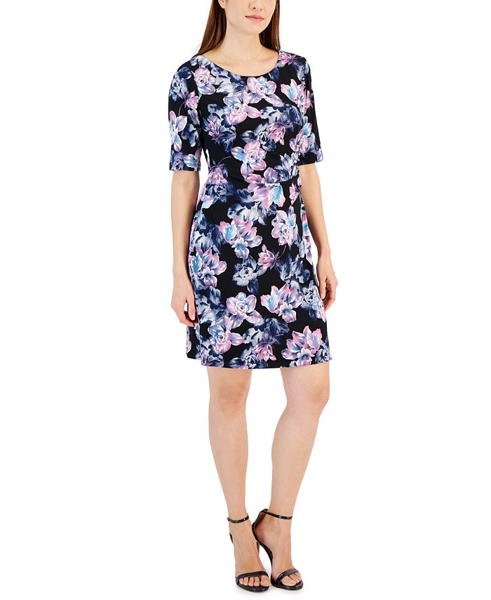 Connected Petite Printed Round-Neck 3/4-Sleeve Sheath Dress - Macy's
