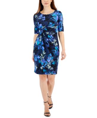 Connected - Petite Printed Draped Side-Tab Sheath Dress