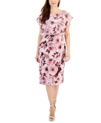 Connected - Petite Printed Round-Neck Overlay Midi Dress