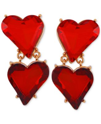 GUESS - Gold-Tone Red Tonal Crystal Heart Clip-On Double Drop Earrings