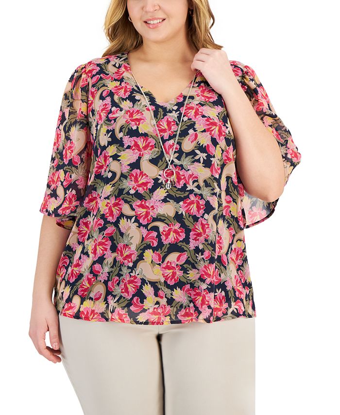 JM Collection Plus Size Oaklyn Floral-Print Flutter-Sleeve Necklace Top ...