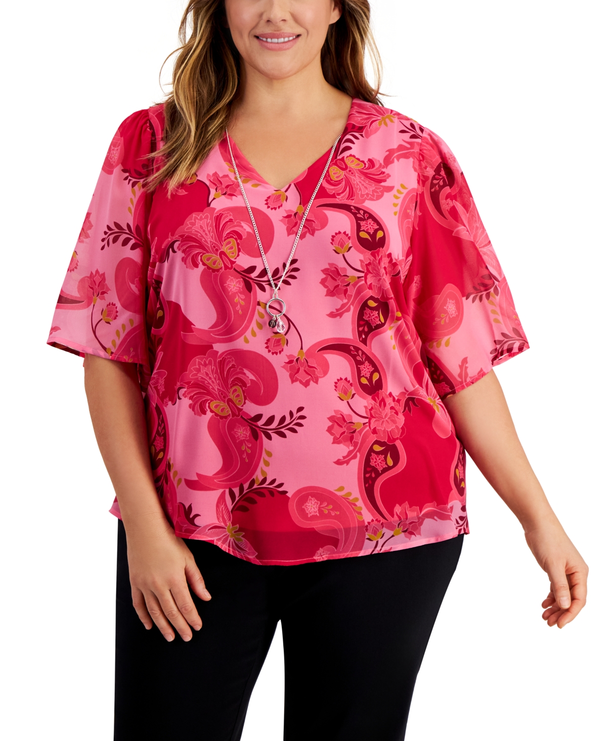 Shop Jm Collection Plus Size Glamorous Garden Necklace Top, Created For Macy's In Claret Rose Combo