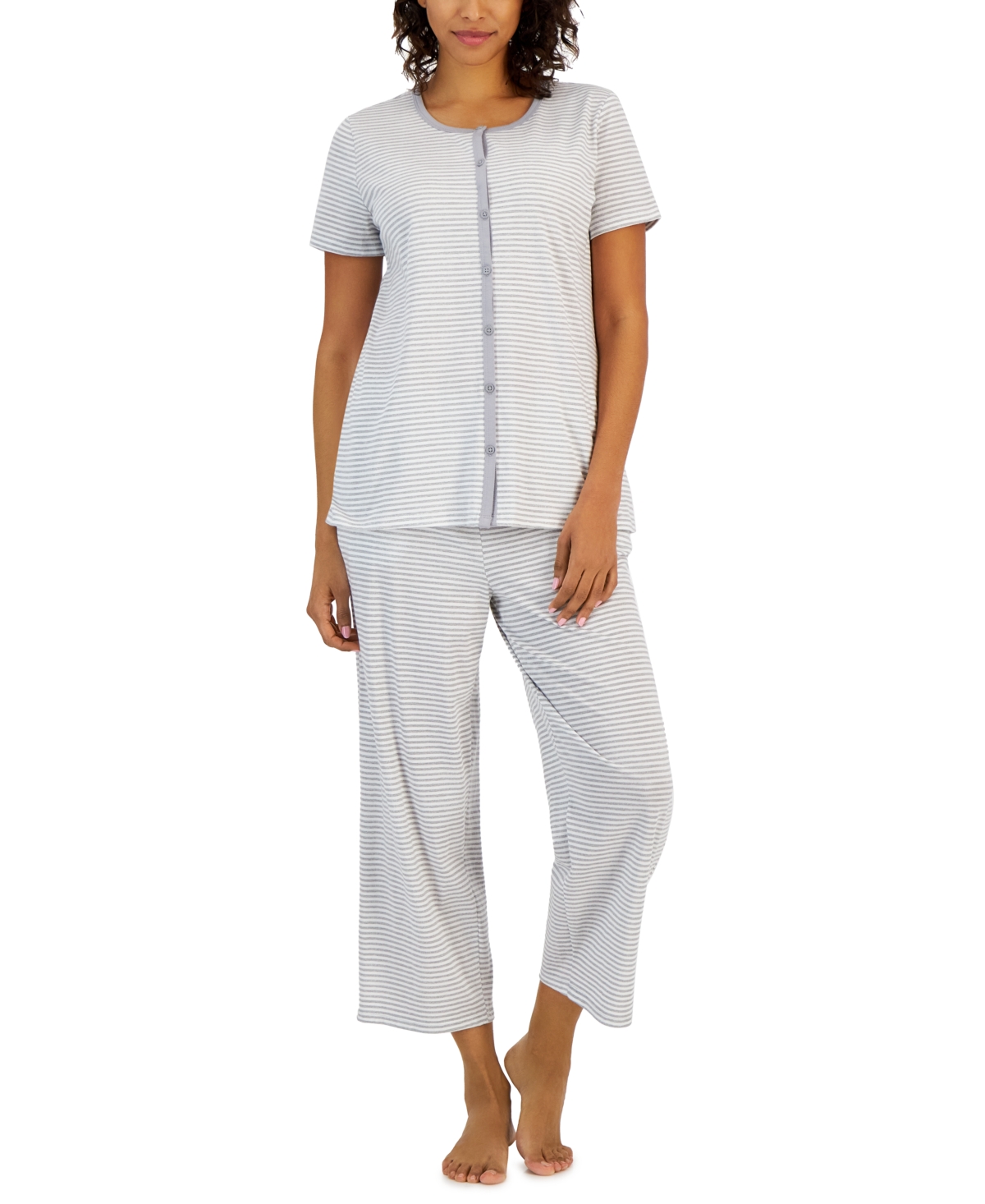 Shop Charter Club Women's 2-pc. Cotton Printed Cropped Pajamas Set, Created For Macy's In Heather Feeder Stripe