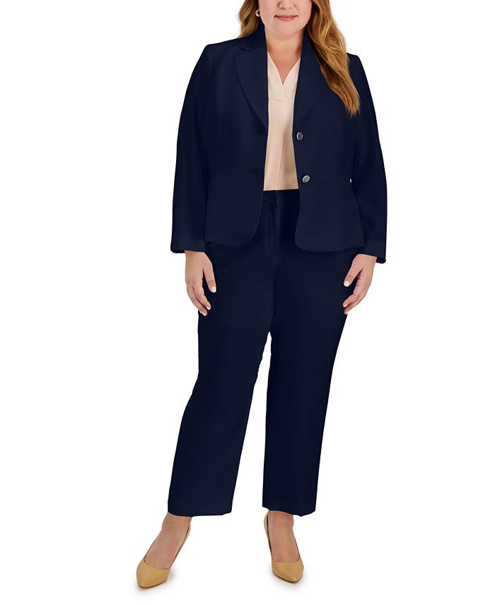 Le Suit Notched Collar 1 Button Tie Mélange Windowpane Jacket with Button Hook Zipper Closure Crepe Pants Suit (Two Piece Set)