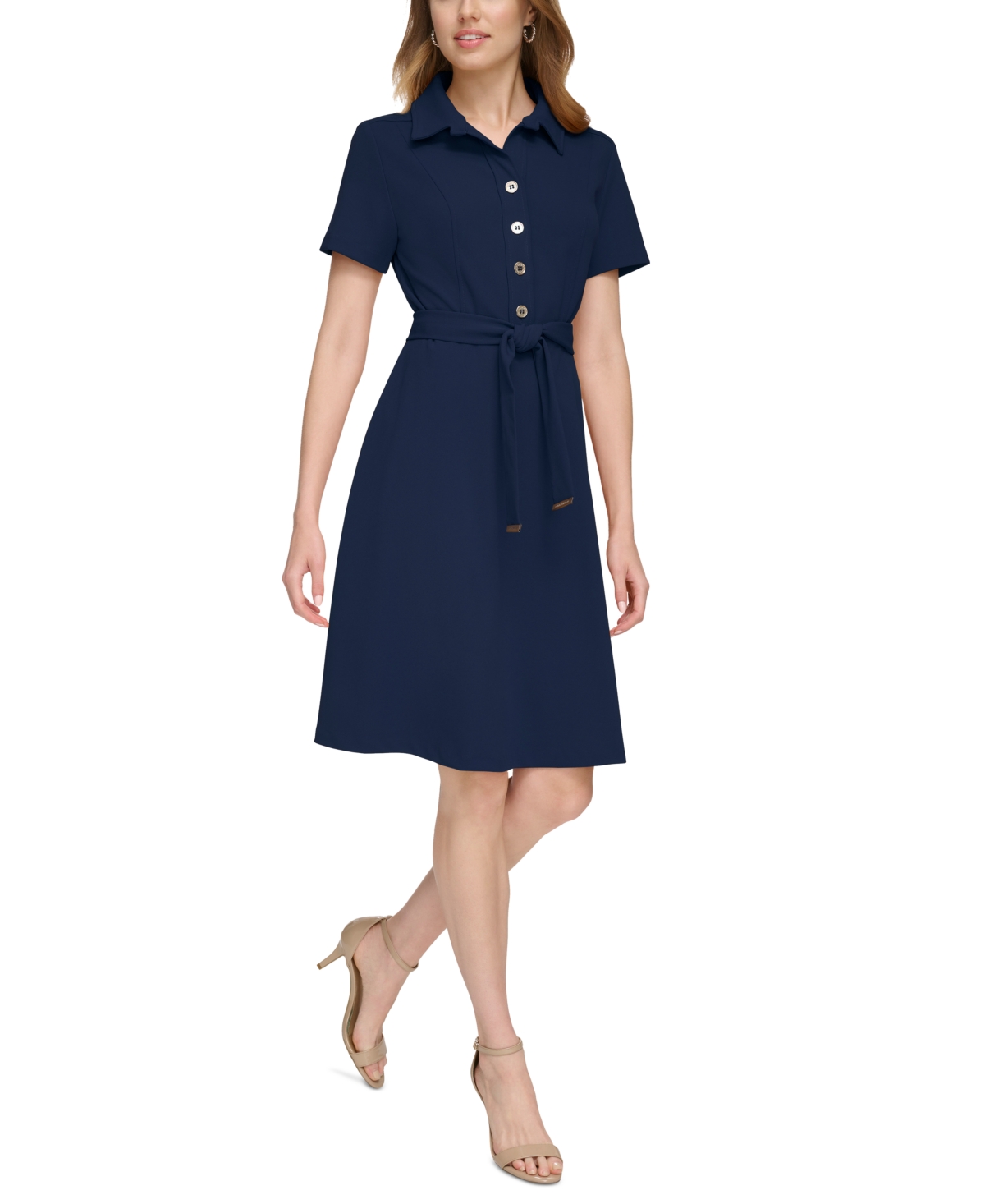 Tommy Hilfiger Petite Short-sleeve Belted Shirtdress In Sky Cap