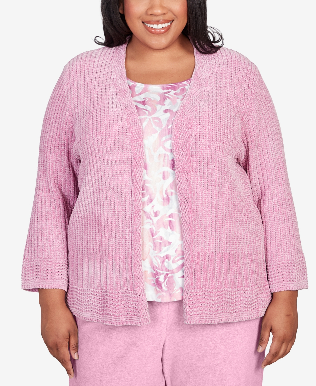 Alfred Dunner Plus Size Swiss Chalet Scroll Inner Chenille Two In One Sweater In Raspberry