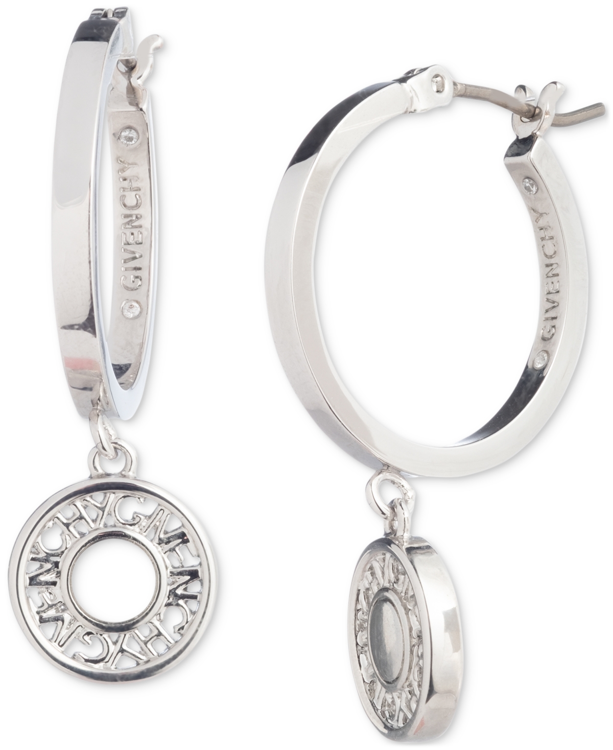 Givenchy Silver-tone Logo Embossed Coin Charm Hoop Earrings In Black