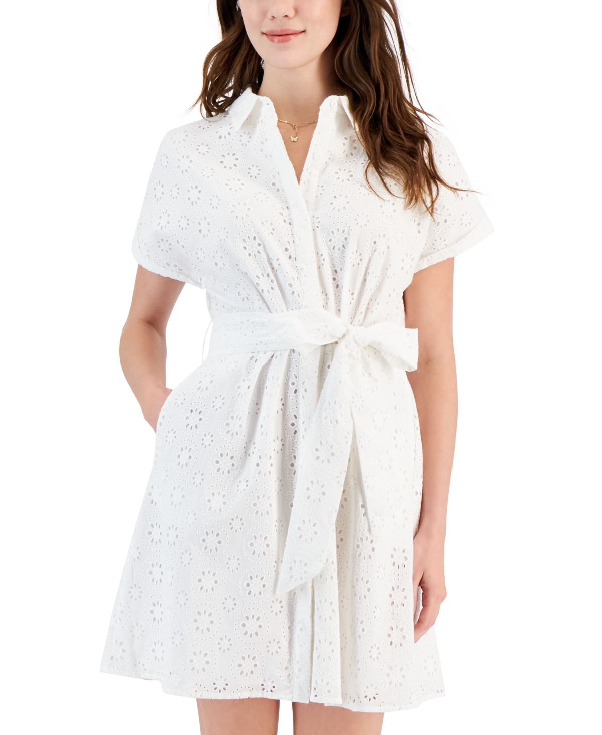 Shop Love, Fire Juniors' Cotton Eyelet Tie-front Shirtdress In White