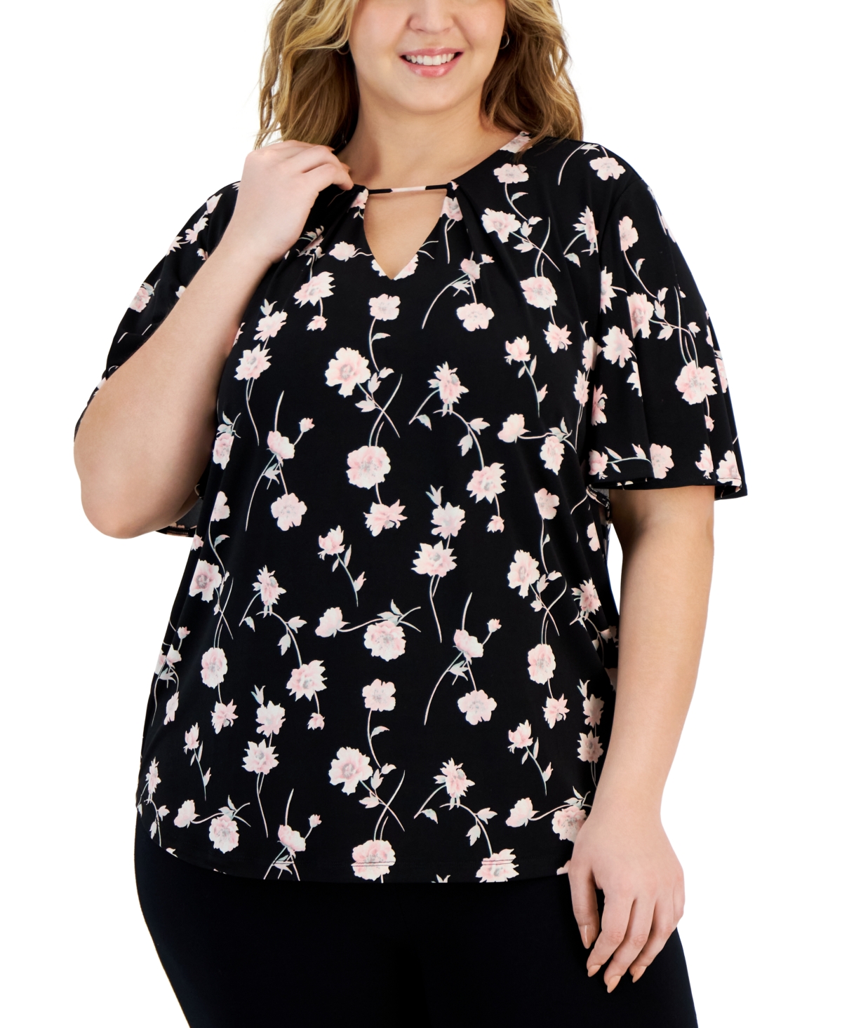 Shop Anne Klein Plus Size Floral-print Bell-sleeve Top In Black,cherry Blossom Multi