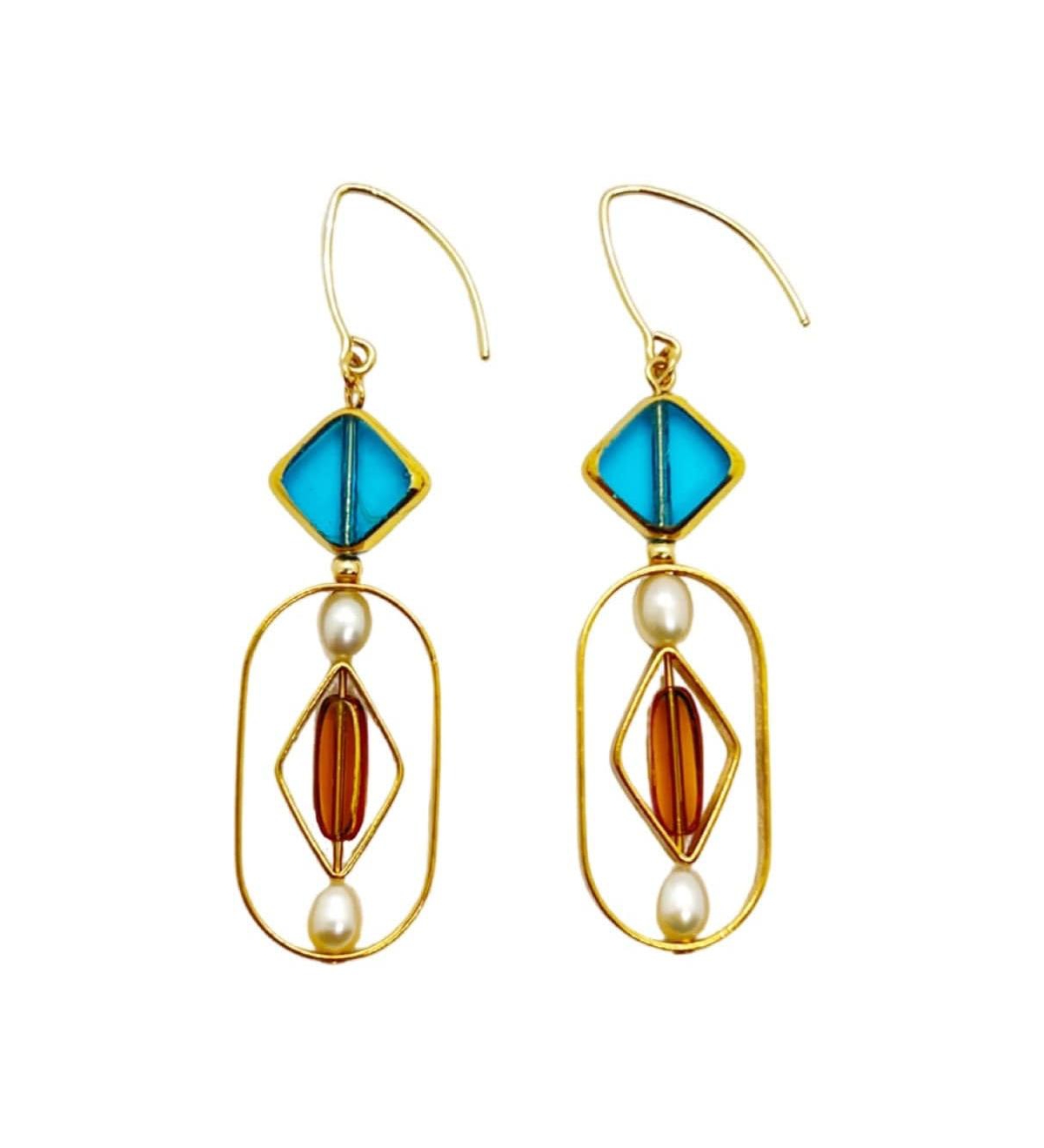 Art 2313E x Pearl Geometric Earrings - Blue, brown, white and gold