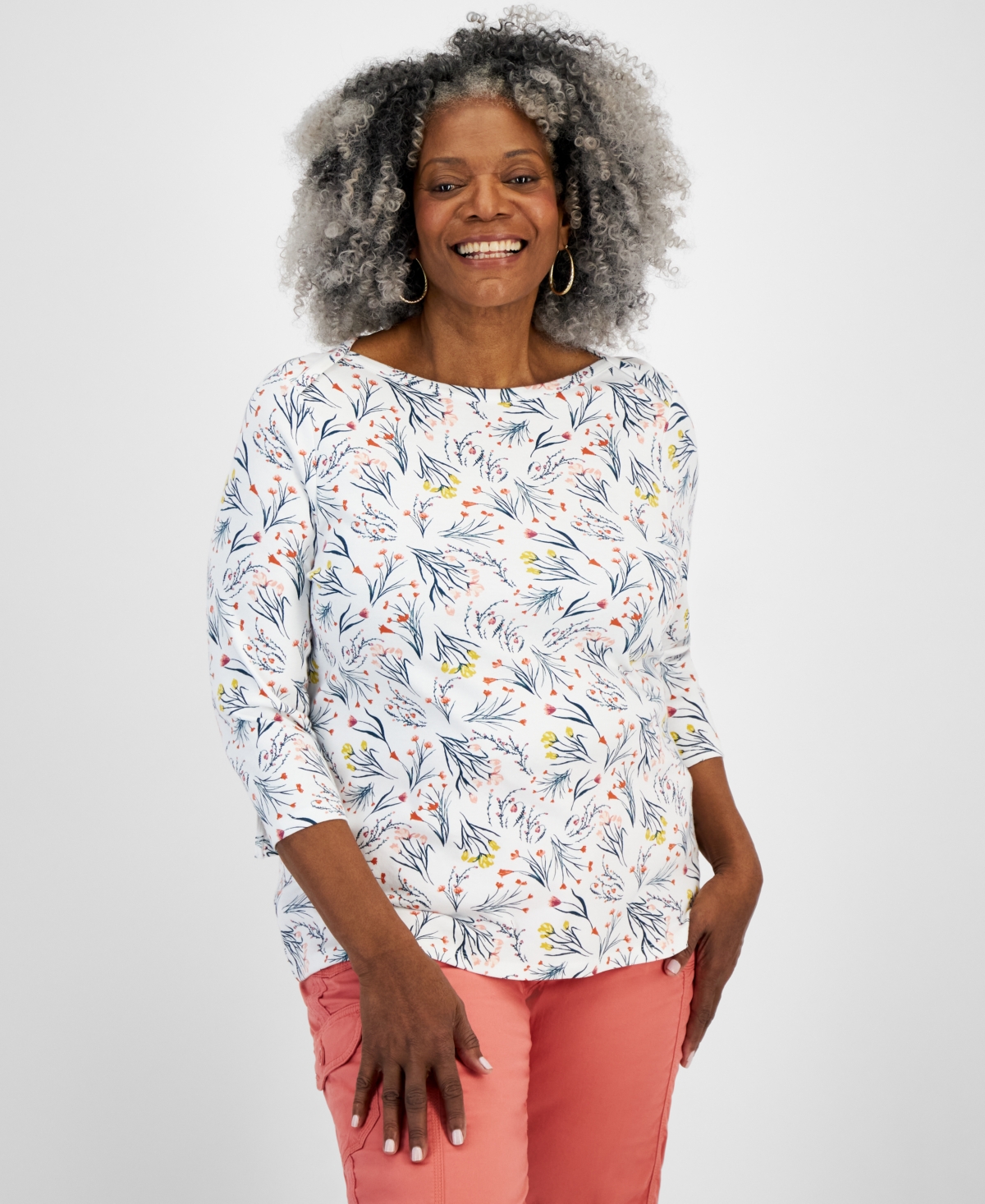 Style & Co Plus Size Printed Pima Cotton 3/4-sleeve Top, Created For Macy's In Shannon Bright White