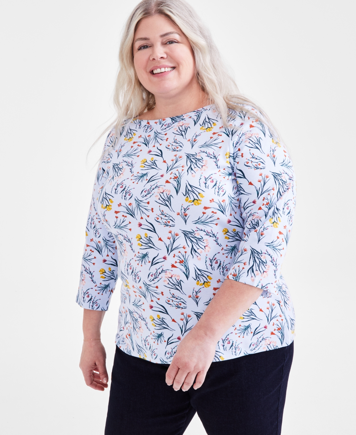 Style & Co Plus Size Printed Pima Cotton 3/4-sleeve Top, Created For Macy's In Shannon Dusk