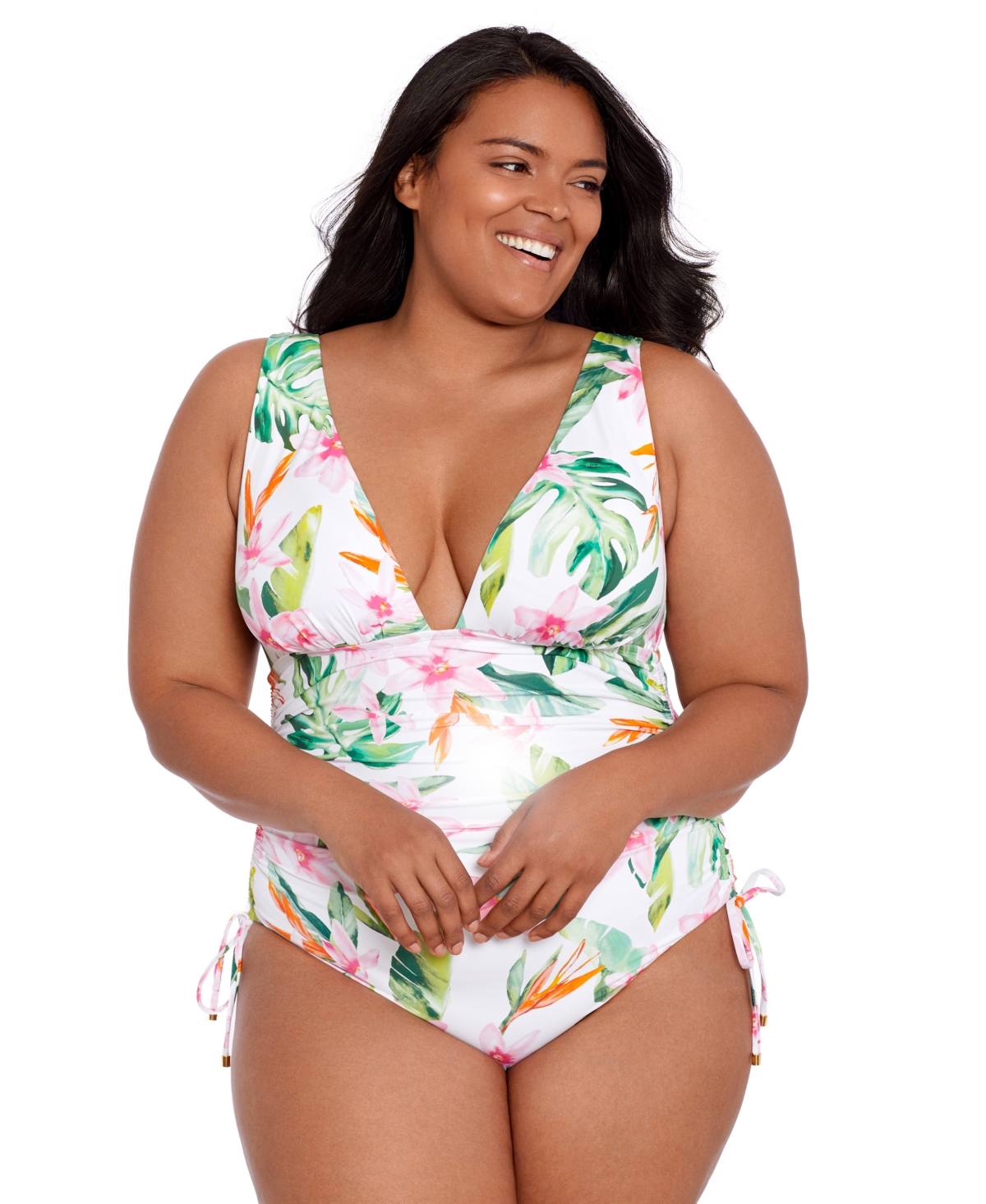 Lauren Ralph Lauren Plus Size Shirred Plunge-neck One-piece Swimsuit In Watercolor Tropical