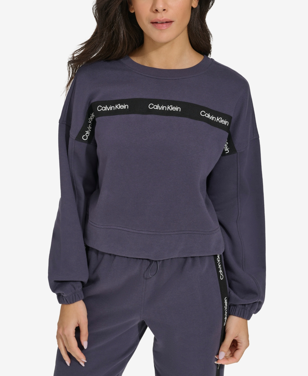 Shop Calvin Klein Women's Logo-tape Bungee-hem Sweatshirt In Onyx