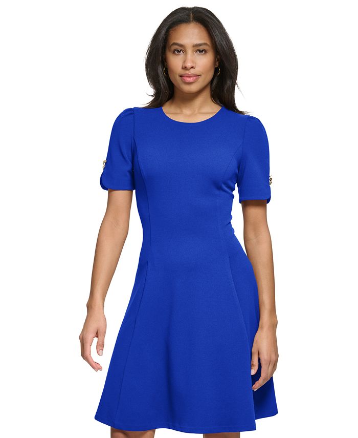 DKNY Women's Short Sleeve V Neck Fit & Flare Dress Blue Size 4