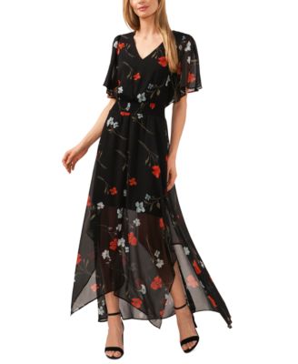 CeCe - Women's Floral-Print Flutter-Sleeve Maxi Dress