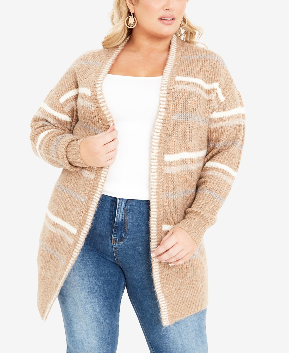 Avenue Plus Size Skye Stripe Cardigan Sweater In Chai