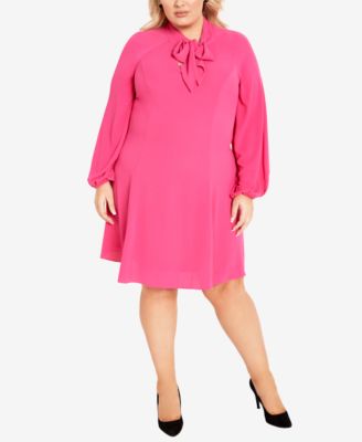 Avenue Plus Size Nicole Tie Neck Mini Dress - Hot Pink | Smart Closet